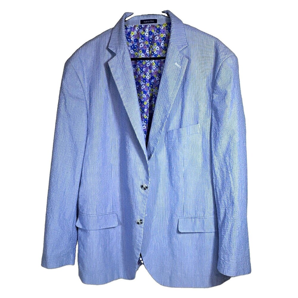 Alan Flusser Blue/White Seersucker Cotton Striped Blazer 2 Button 48R Men’s